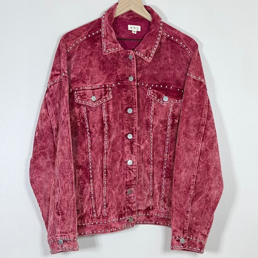 POL Womens Corduroy Studded Shacket M Burgundy Wine Acid Wash Western Oversized